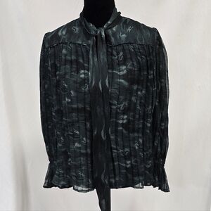 Calligraphie women S blouse green pleated long balloon sleeve office career line